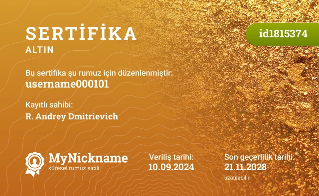 username000101 rumuzu için sertifika, kayıtlı sahibi: R. Andrey Dmitrievich