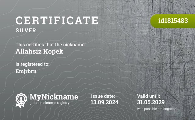 Certificate for nickname Allahsiz Kopek is registered to: Emjrbrn