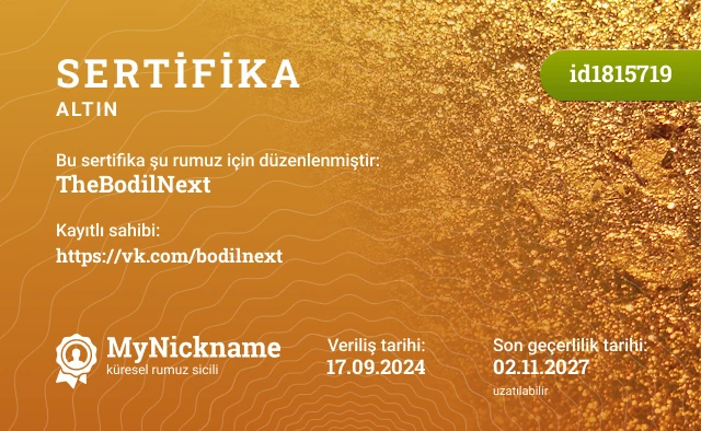 TheBodilNext rumuzu için sertifika, kayıtlı sahibi: https://vk.com/bodilnext