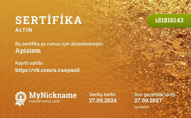 Apiziem rumuzu için sertifika, kayıtlı sahibi: https://vk.com/a.vanyan0