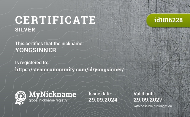 Certificate for nickname YONGSINNER, registered to: https://steamcommunity.com/id/yongsinner/