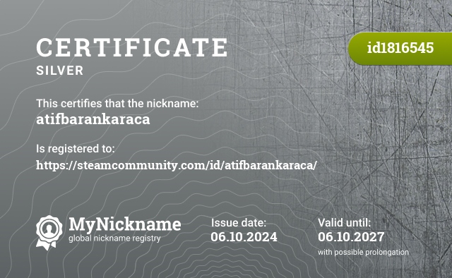 Certificate for nickname atifbarankaraca, registered to: https://steamcommunity.com/id/atifbarankaraca/