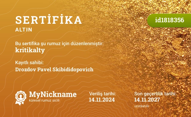 kritikalty rumuzu için sertifika, kayıtlı sahibi: Drozdov Pavel Skibididopovich