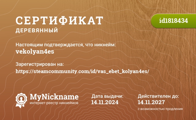 Сертификат на никнейм vekolyan4es, зарегистрирован на https://steamcommunity.com/id/vas_ebet_kolyan4es/