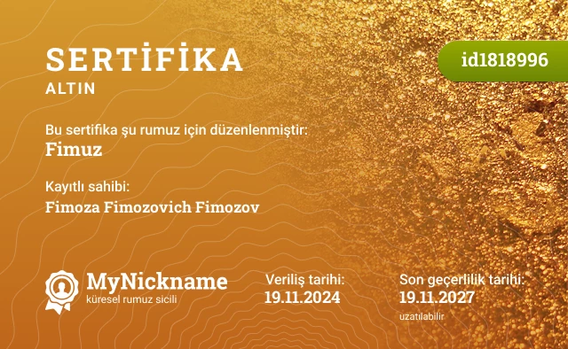 Fimuz rumuzu için sertifika, kayıtlı sahibi: Fimoza Fimozovich Fimozov
