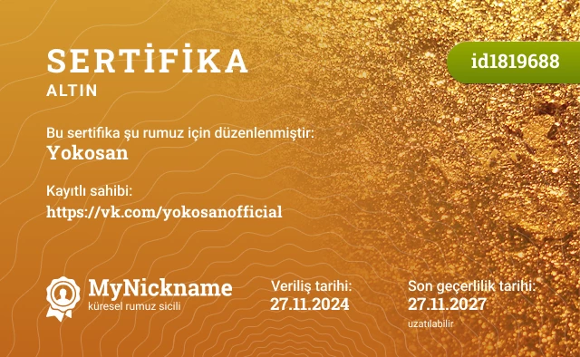 Yokosan rumuzu için sertifika, kayıtlı sahibi: https://vk.com/yokosanofficial