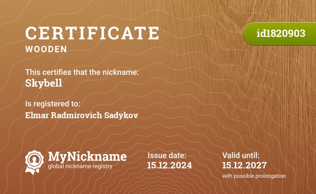 Certificate for nickname Skybell, registered to: Эльмар Радмирович Садыков