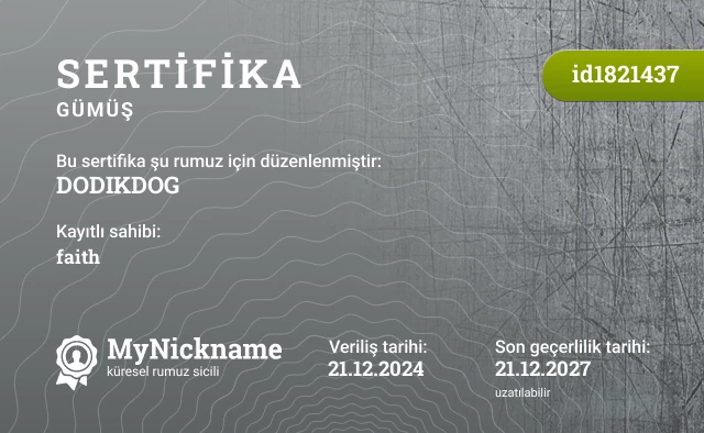 DODIKDOG rumuzu için sertifika, kayıtlı sahibi: faith