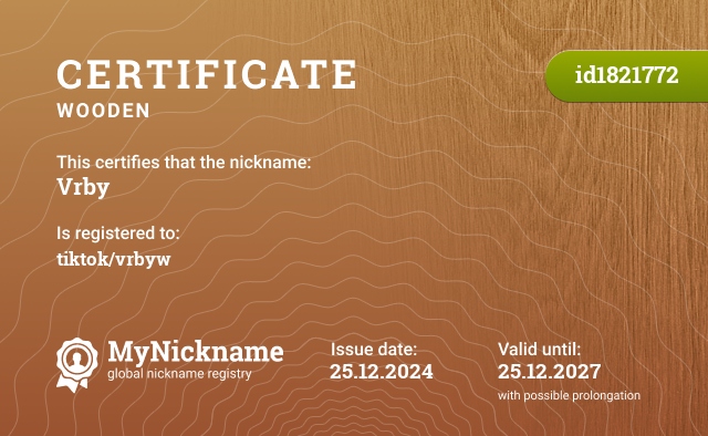 Certificate for nickname Vrby, registered to: tiktok/vrbyw