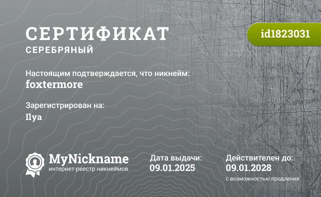 Сертификат на никнейм foxtermore, зарегистрирован на Ilya