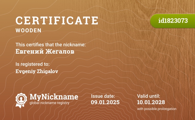 Certificate for nickname Евгений Жегалов, registered to: Евгений Жигалов