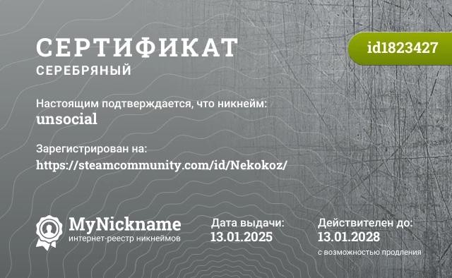 Сертификат на никнейм unsocial, зарегистрирован на https://steamcommunity.com/id/Nekokoz/