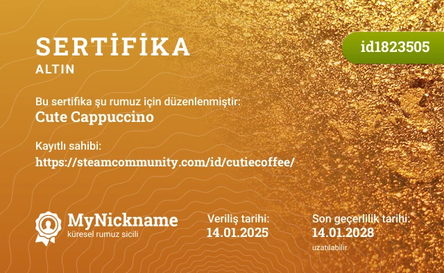 Cute Cappuccino rumuzu için sertifika, kayıtlı sahibi: https://steamcommunity.com/id/cutiecoffee/