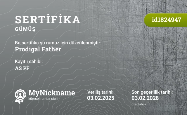 Prodigal Father rumuzu için sertifika, kayıtlı sahibi: AS PF