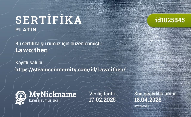 Lawoithen rumuzu için sertifika, kayıtlı sahibi: https://steamcommunity.com/id/Lawoithen/