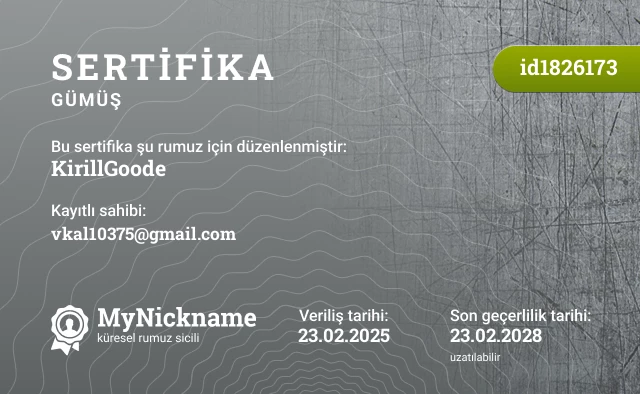 KirillGoode rumuzu için sertifika, kayıtlı sahibi: vkal10375@gmail.com