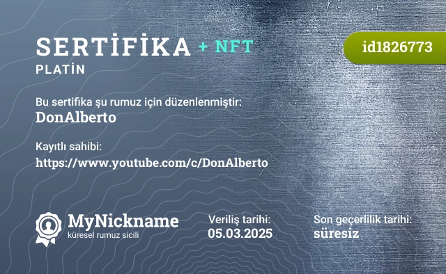 DonAlberto rumuzu için sertifika, kayıtlı sahibi: https://www.youtube.com/c/DonAlberto