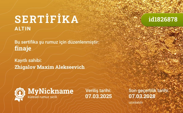 finaje rumuzu için sertifika, kayıtlı sahibi: Zhigalov Maxim Alekseevich