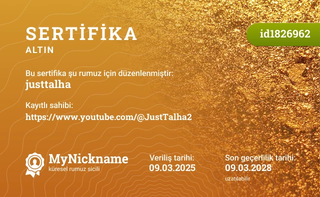 justtalha rumuzu için sertifika, kayıtlı sahibi: https://www.youtube.com/@JustTalha2