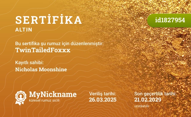 TwinTailedFoxxx rumuzu için sertifika, kayıtlı sahibi: Nicholas Moonshine