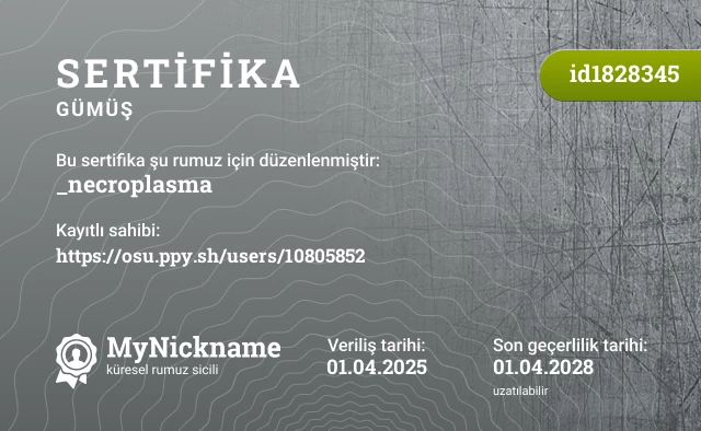 _necroplasma rumuzu için sertifika, kayıtlı sahibi: https://osu.ppy.sh/users/10805852
