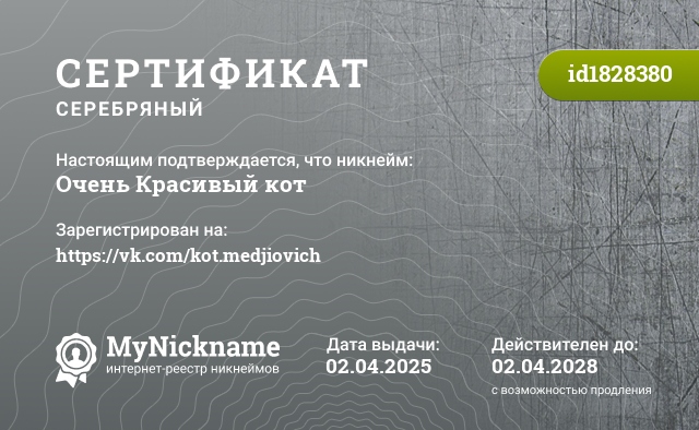 Сертификат на никнейм Очень Красивый кот, зарегистрирован на https://vk.com/kot.medjiovich