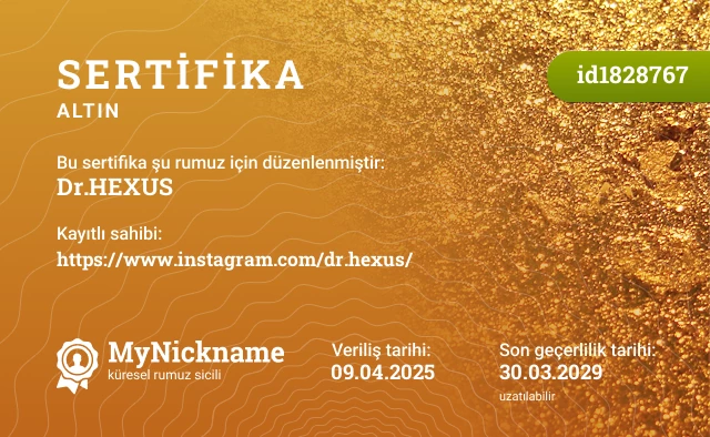 Dr.HEXUS rumuzu için sertifika, kayıtlı sahibi: https://www.instagram.com/dr.hexus/