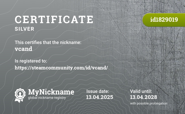 Certificate for nickname vcand, registered to: https://steamcommunity.com/id/vcand/