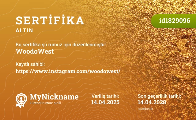 WoodoWest rumuzu için sertifika, kayıtlı sahibi: https://www.instagram.com/woodowest/