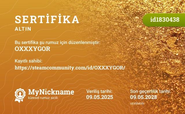 OXXXYGOR rumuzu için sertifika, kayıtlı sahibi: https://steamcommunity.com/id/OXXXYGOR/
