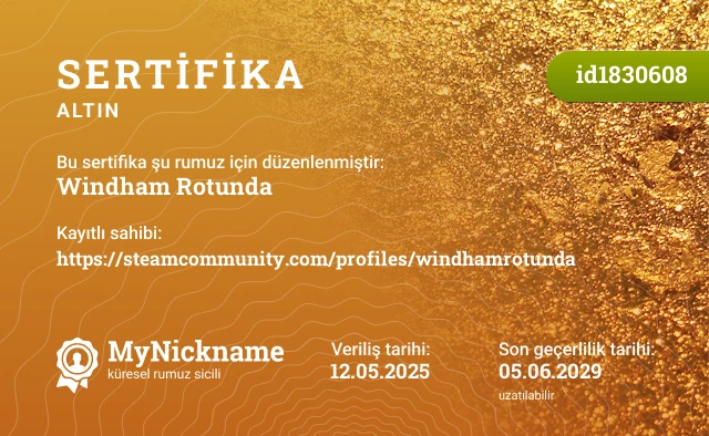 Windham Rotunda rumuzu için sertifika, kayıtlı sahibi: https://steamcommunity.com/profiles/windhamrotunda
