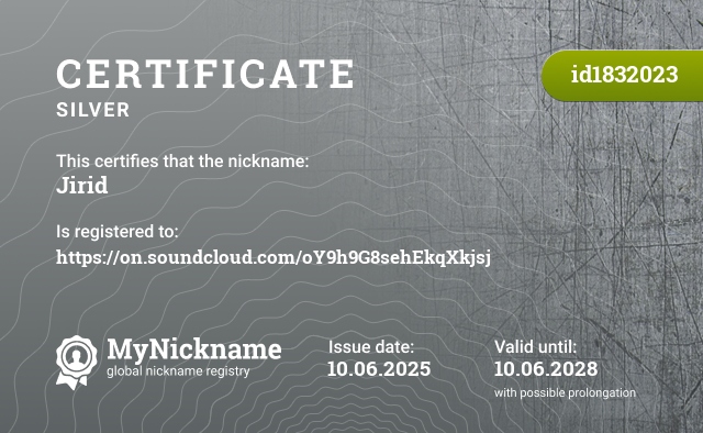Certificate for nickname Jirid, registered to: https://on.soundcloud.com/oY9h9G8sehEkqXkjsj