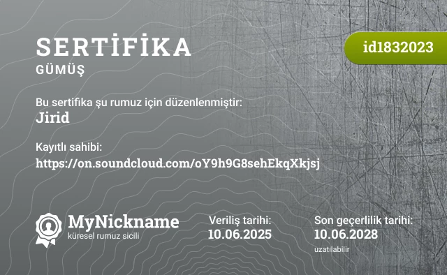Jirid rumuzu için sertifika, kayıtlı sahibi: https://on.soundcloud.com/oY9h9G8sehEkqXkjsj