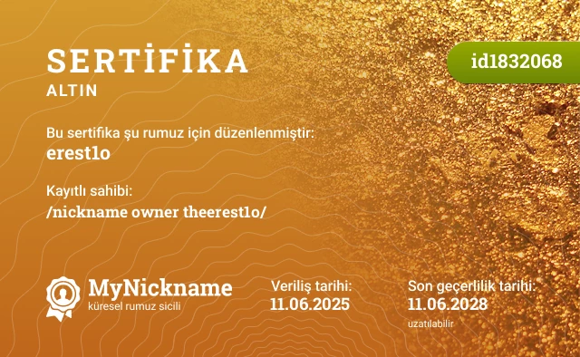 erest1o rumuzu için sertifika, kayıtlı sahibi: /nickname owner theerest1o/