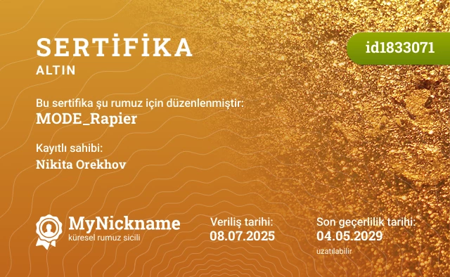MODE_Rapier rumuzu için sertifika, kayıtlı sahibi: Nikita Orekhov