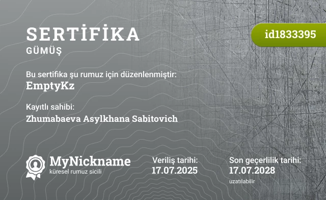 EmptyKz rumuzu için sertifika, kayıtlı sahibi: Zhumabaeva Asylkhana Sabitovich