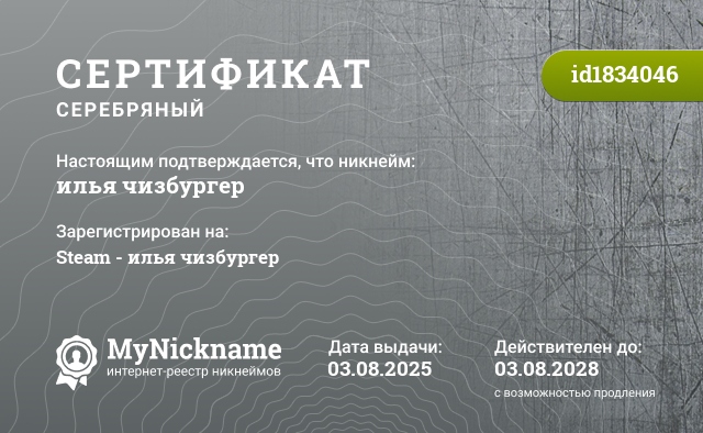 Сертификат на никнейм илья чизбургер, зарегистрирован на Steam - илья чизбургер