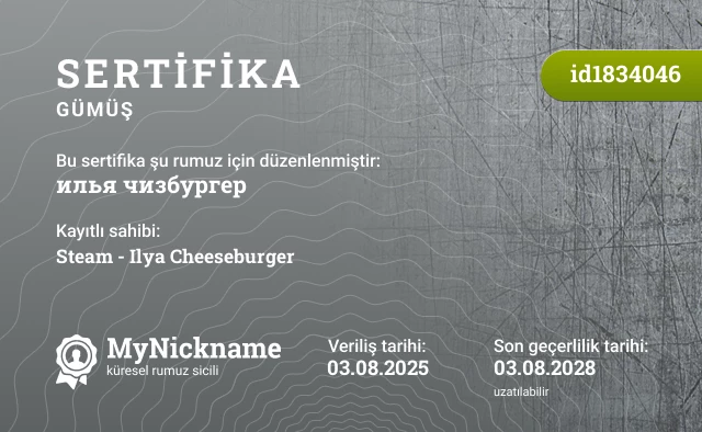 илья чизбургер rumuzu için sertifika, kayıtlı sahibi: Steam - Ilya Cheeseburger