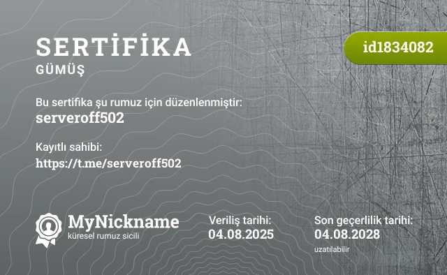 serveroff502 rumuzu için sertifika, kayıtlı sahibi: https://t.me/serveroff502