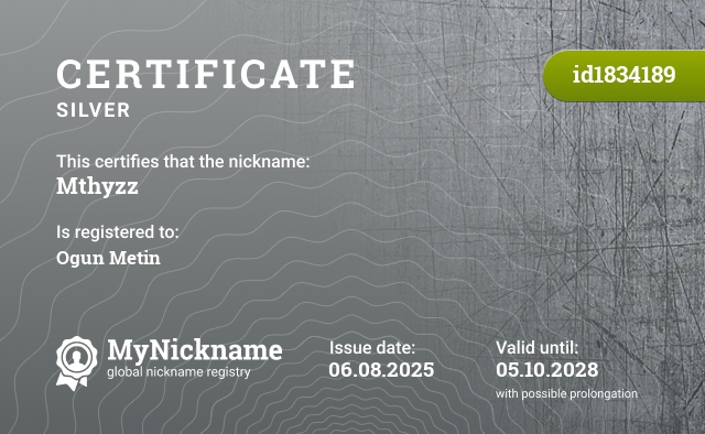 Certificate for nickname Mthyzz, registered to: Ogün Metin