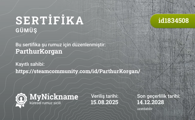 ParthurKorgan rumuzu için sertifika, kayıtlı sahibi: https://steamcommunity.com/id/ParthurKorgan/