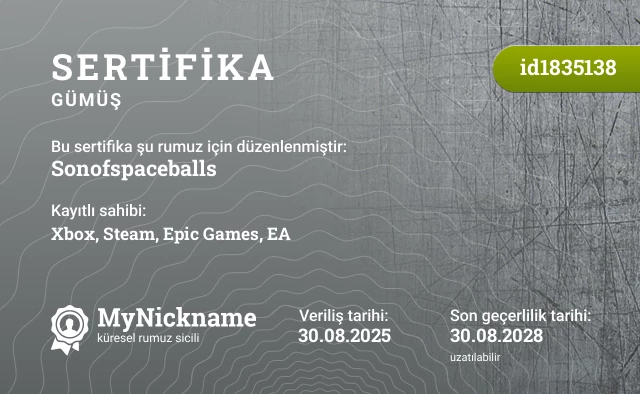 Sonofspaceballs rumuzu için sertifika, kayıtlı sahibi: Xbox, Steam, Epic Games, EA