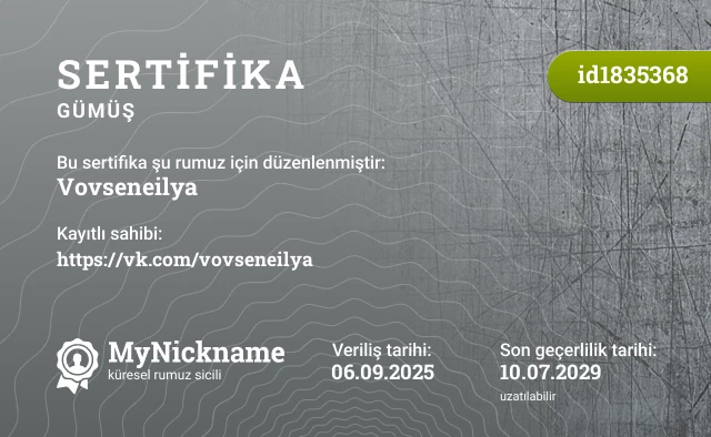 Vovseneilya rumuzu için sertifika, kayıtlı sahibi: https://vk.com/vovseneilya