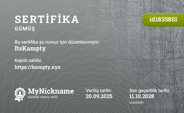 ItsKampty rumuzu için sertifika, kayıtlı sahibi: https://kampty.xyz