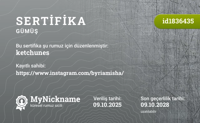 ketchunes rumuzu için sertifika, kayıtlı sahibi: https://www.instagram.com/byriamisha/