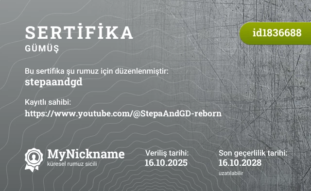 stepaandgd rumuzu için sertifika, kayıtlı sahibi: https://www.youtube.com/@StepaAndGD-reborn