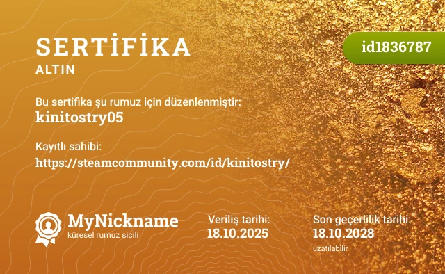 kinitostry05 rumuzu için sertifika, kayıtlı sahibi: https://steamcommunity.com/id/kinitostry/