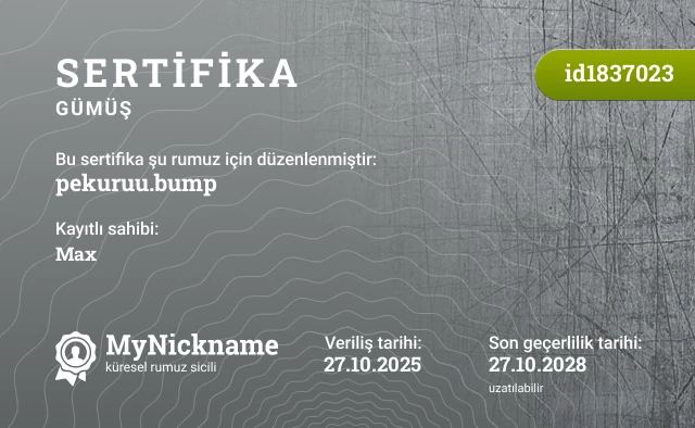 pekuruu.bump rumuzu için sertifika, kayıtlı sahibi: Max