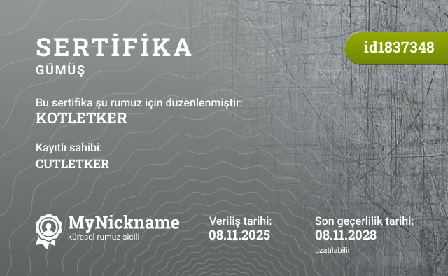 KOTLETKER rumuzu için sertifika, kayıtlı sahibi: CUTLETKER
