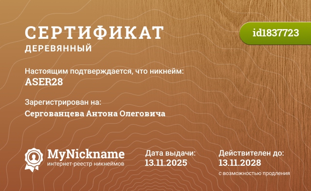 Сертификат на никнейм ASER28, зарегистрирован на Сергованцева Антона Олеговича